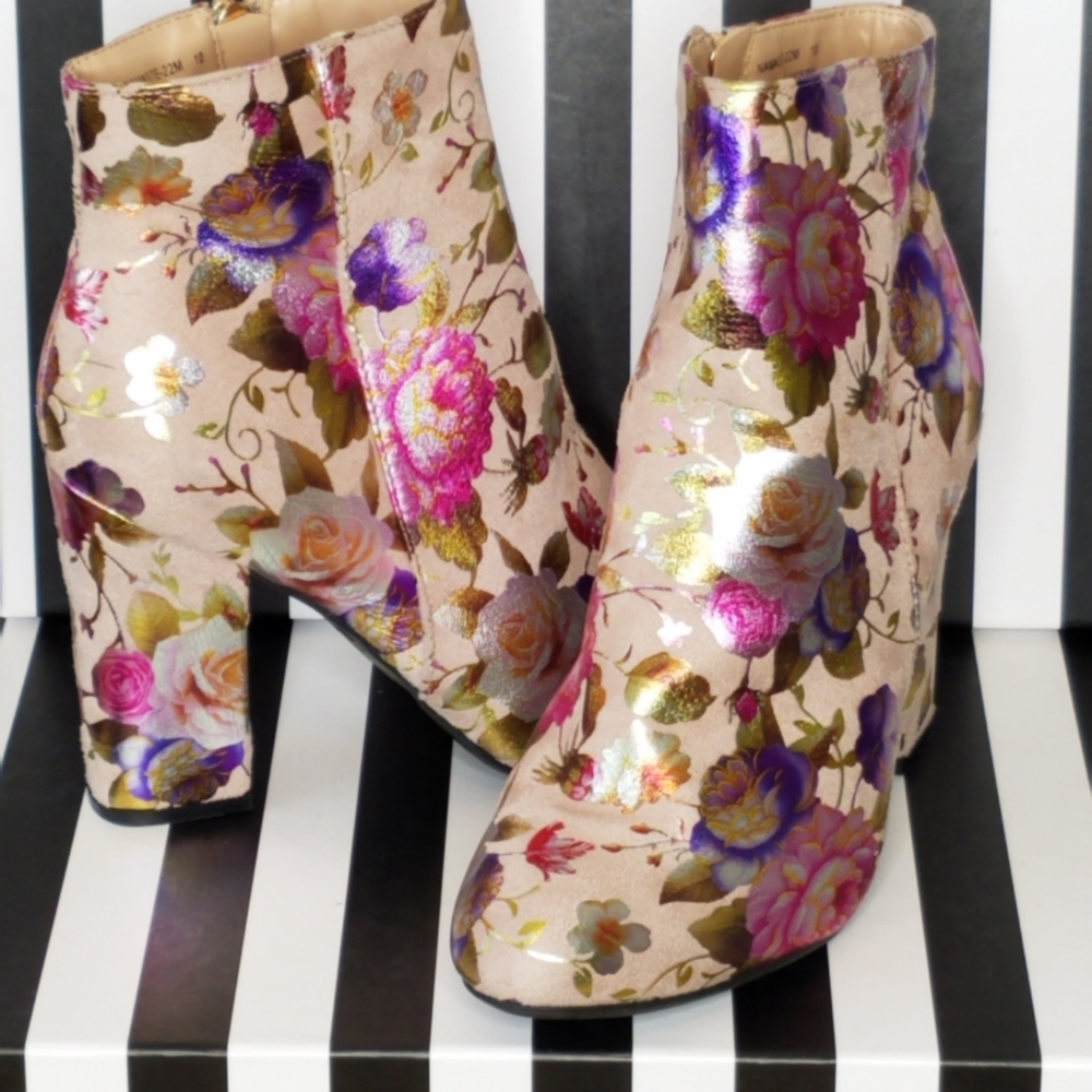 Bamboo Ankle Booties Floral Stack Heel Zip Size 10